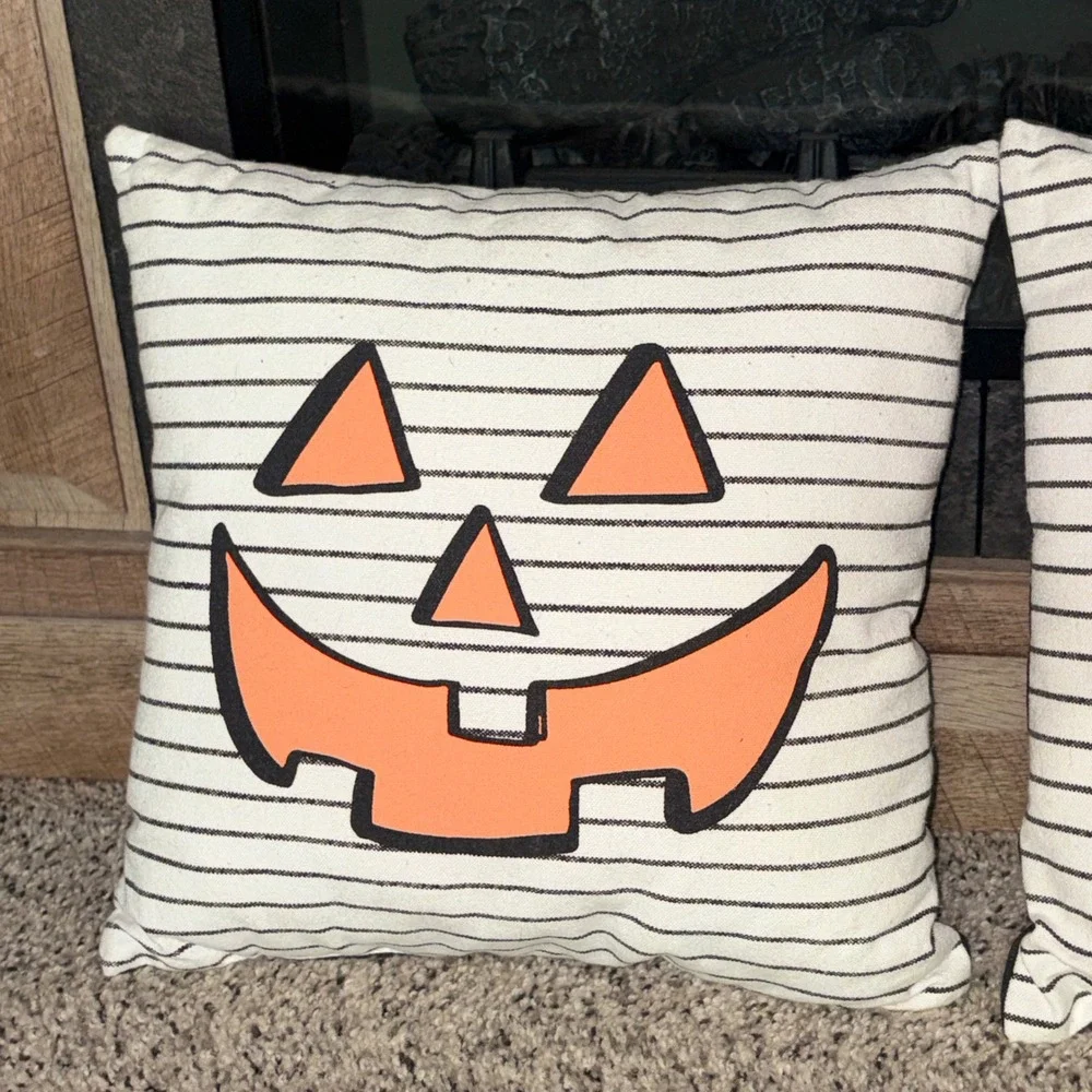 Halloween Jack-O-Lantern Striped Throw Pillows Set of 2 Black White Orange 12x12